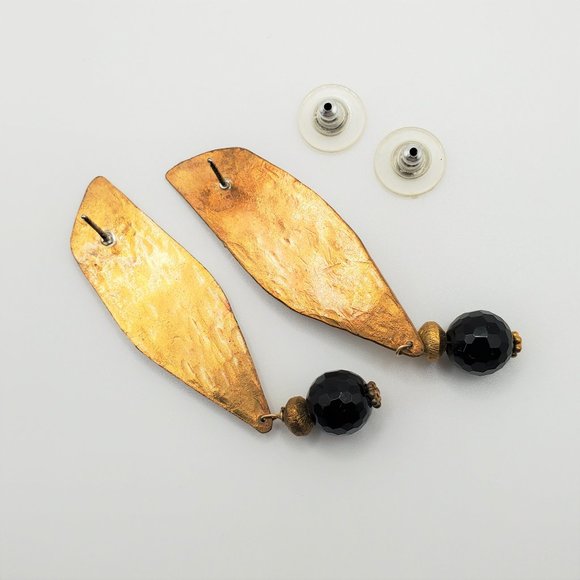 Hand-Crafted Artisan Earrings - Burnished Gold/Silver Tone - Black Dangle - Picture 5 of 8